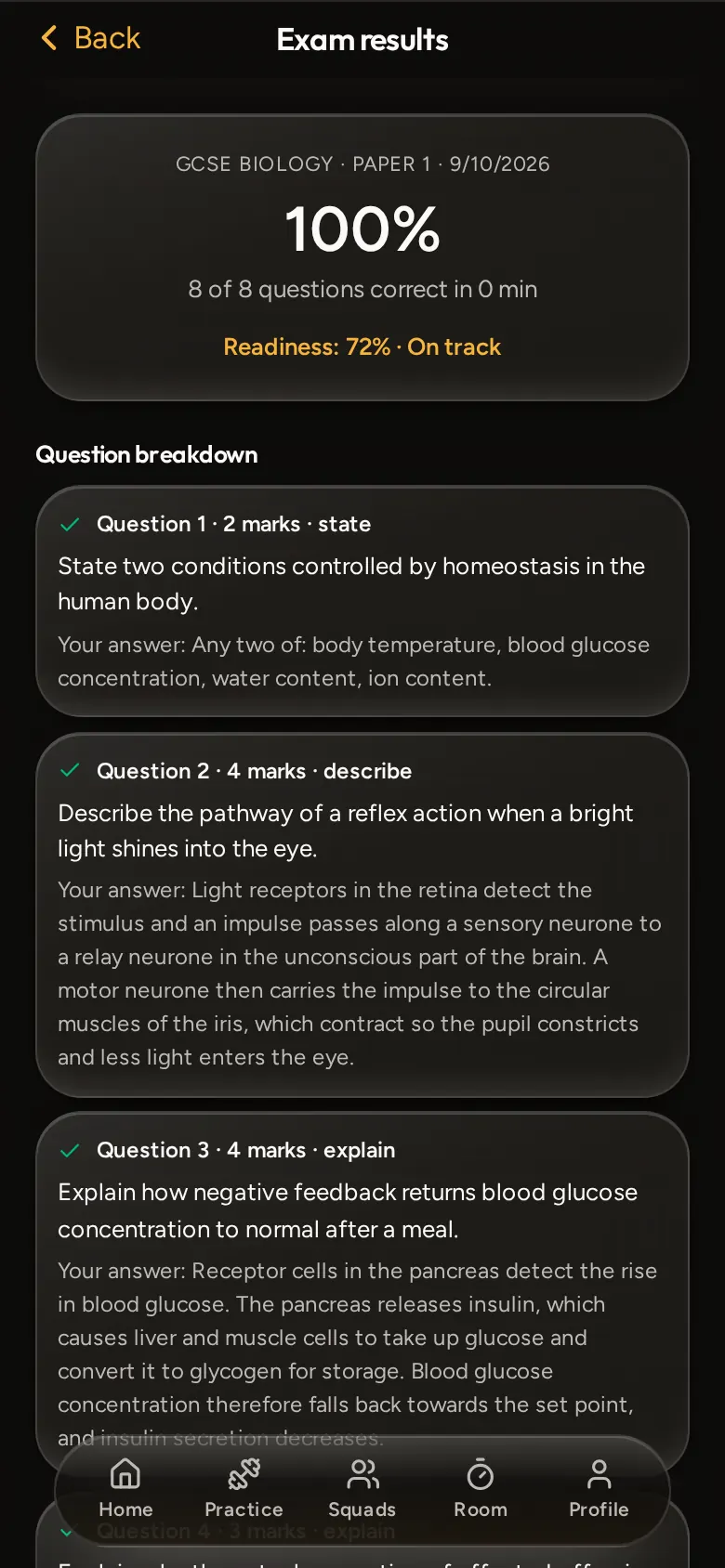 Studiyum exam results with marking breakdown