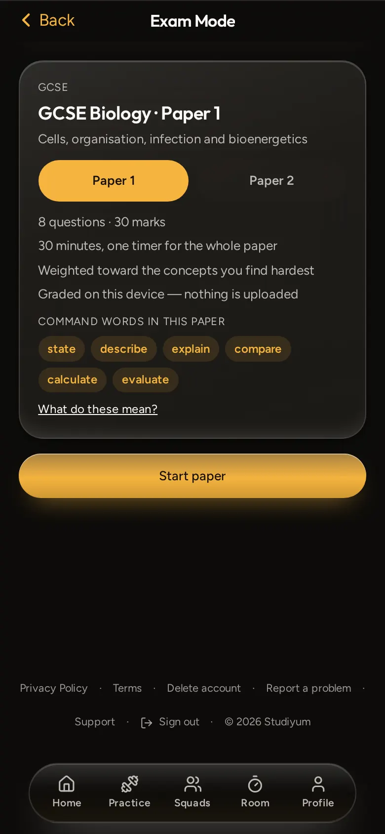 Studiyum exam mode setup with paper and command words