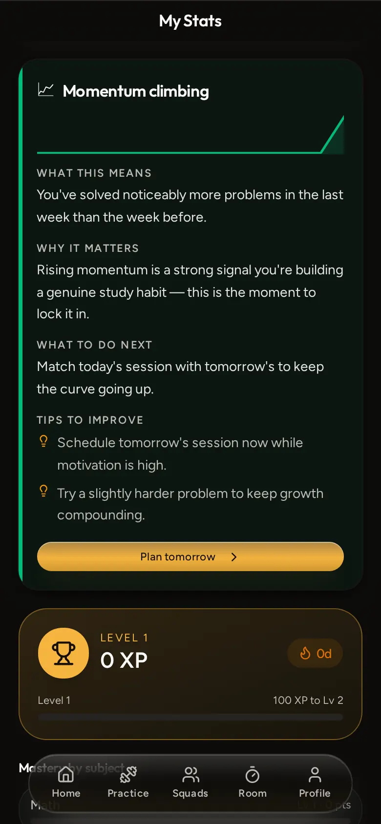 Studiyum stats screen with XP and streak