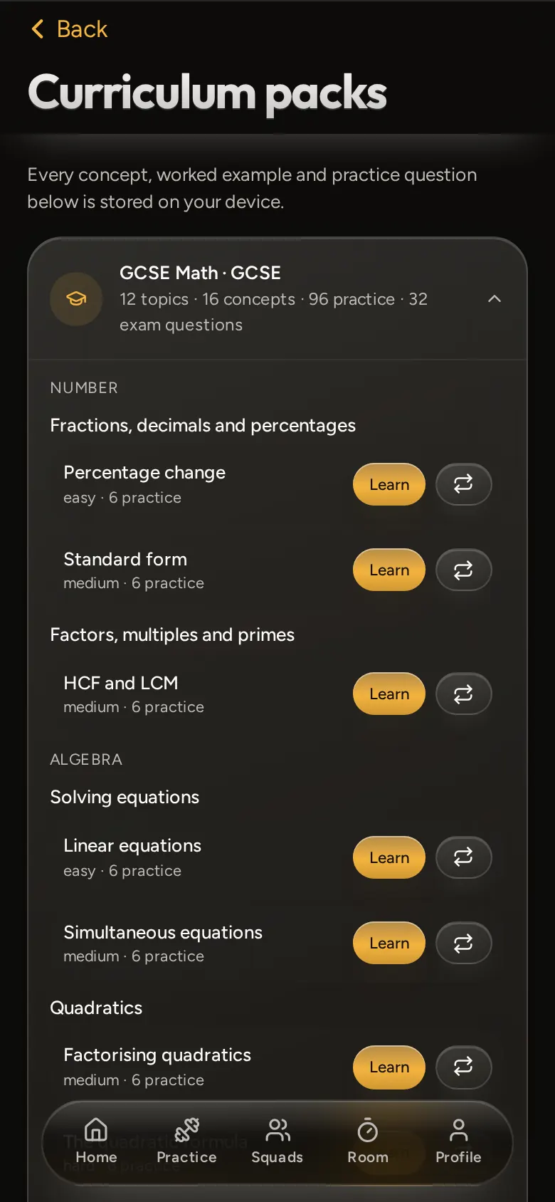 Studiyum curriculum packs screen
